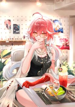 1girl absurdres ahoge alternate_costume bare_shoulders bespectacled braid breasts changli_(wuthering_waves) cleavage closed_mouth colored_extremities commentary glasses hair_between_eyes hair_extensions highres indoors jewelry large_breasts licking licking_finger long_hair looking_at_viewer multicolored_hair necklace orange_eyes pink_hair red_hands ring_hair_extensions sitting smile solo symbol-only_commentary thighs two-tone_hair vardan very_long_hair white_hair wuthering_waves