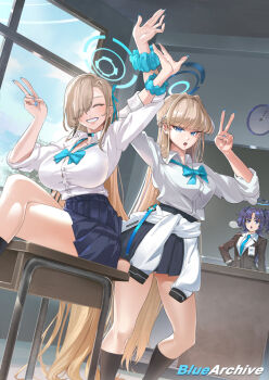 3girls :o asuna_(blue_archive) asuna_(school_uniform)_(blue_archive) black_halo black_suit blonde_hair blue_archive blue_bow blue_bowtie blue_eyes blue_hair blue_halo blue_nails blue_necktie blue_skirt blush bow bowtie breasts closed_eyes clothes_around_waist crossed_legs dada_pig formal_clothes grin hair_over_one_eye hair_ribbon halo hand_on_own_hip highres jacket jacket_around_waist large_breasts locked_arms long_hair looking_at_viewer mechanical_halo multicolored_hair multiple_girls name_tag necktie open_mouth pleated_skirt purple_hair ribbon school_uniform scrunchie shirt sitting sitting_on_table skirt sleeves_rolled_up smile streaked_hair suit thighs toki_(blue_archive) toki_(school_uniform)_(blue_archive) two_side_up v very_long_hair white_jacket white_shirt wrist_scrunchie yuuka_(blue_archive)
