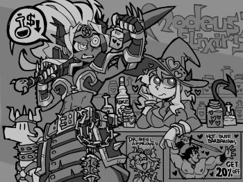 2girls absurdres animal armor beelzebub_(helltaker) big_hair black_horns black_tail bottle breasts claw_(weapon) collar commentary counter dark-skinned_female dark_skin demon_girl demon_horns demon_tail dog english_commentary english_text fantasy flail gauntlets gloves greyscale hat head_rest headpiece heart helltaker helltaker_(character) helmet highres holding holding_bottle holding_sword holding_weapon horns horns_through_headwear indoors judgement_(helltaker) large_breasts medium_hair midriff modeus_(helltaker) monochrome multiple_girls muscular muscular_female necktie pentagram poster_(object) potion ringed_eyes shop spiked_armor spiked_collar spiked_horns spikes spoken_emoji sword tail vanripper weapon white_hair witch_hat