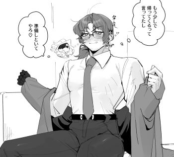 1boy :q absurdres amputee bara beard_stubble belt belt_buckle black_belt blush buckle chibi chibi_inset closed_mouth coat collared_shirt couch cowboy_shot dress_shirt facial_hair feet_out_of_frame formal_clothes glasses gregor_(project_moon) greyscale hair_between_eyes hair_intakes half-closed_eyes heart highres joints licking licking_lips limbus_company long_hair long_sleeves looking_ahead low_ponytail male_focus mechanical_arms meursault_(project_moon) monochrome muscular muscular_male naughty_face necktie nose_blush on_couch open_clothes open_coat pants parted_bangs ponytail project_moon prosthesis prosthetic_arm sanpaku seductive_smile semi-rimless_eyewear shirt shirt_tucked_in simple_background single_mechanical_arm sitting smile solo speech_bubble stubble suit thick_thighs thighs thought_bubble tongue tongue_out under-rim_eyewear undressing unworn_coat white_background yaoi