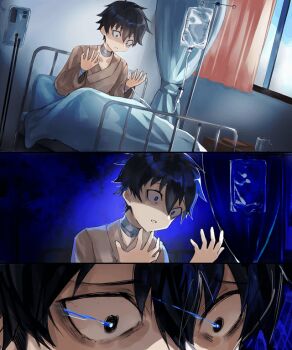 1boy bandaged_neck bandages bed black_eyes black_hair commentary curtains english_commentary hair_between_eyes hands_up hospital_bed indoors japanese_clothes kimono looking_at_hands looking_at_self male_focus messy_hair mystic_eyes_of_death_perception scared scene_reference scenery short_hair synniann tohno_shiki tsukihime tsukihime_(remake) window