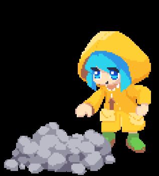 1girl animated animated_gif blue_eyes blue_hair boots chibi commentary derivative_work dirty_footwear green_boots hood hood_up hoodie jubilee_2025 long_sleeves luce_(jubilee_2025) negativusc parody pixel_art raincoat rock rosary rubber_boots short_hair simple_background solo throwing throwing_rock transparent_background yellow_hoodie yellow_raincoat