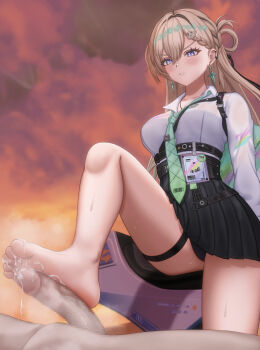 1girl absurdres barefoot blonde_hair blue_eyes blush cum denokoto feet footjob highres long_hair lynae_(wuthering_waves) panties pantyshot parted_lips soles toes underwear upskirt wuthering_waves