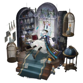 1girl artist_request black_gloves blue_hair book cage candle carpet desk dress drill_hair faux_figurine floating flower frilled_dress frills game_cg girls'_frontline girls'_frontline_neural_cloud globe gloves helix_(neural_cloud) highres looking_at_viewer magnifying_glass official_alternate_costume official_art on_floor open_book potion quill red_eyes shelf solo stairs third-party_source transparent_background window