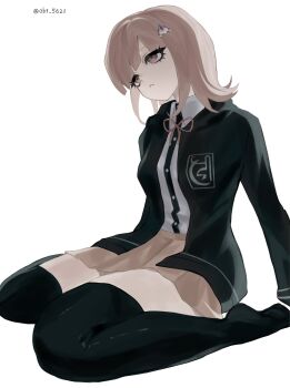 1girl :< black_thighhighs breasts brown_hair collared_shirt commentary_request danganronpa_(series) danganronpa_2:_goodbye_despair dress_shirt flipped_hair hair_ornament highres ho_mura jacket long_sleeves medium_hair nanami_chiaki neck_ribbon no_shoes open_clothes open_jacket pink_eyes pink_ribbon pleated_skirt ribbon shirt simple_background skirt solo thighhighs two-tone_shirt white_shirt