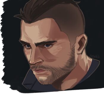 1boy beard black_background black_shirt blue_eyes brown_hair call_of_duty call_of_duty:_modern_warfare_2 closed_mouth commentary cropped_shoulders english_commentary facial_hair highres kauv_(k4uvpix) male_focus mohawk portrait sanpaku shirt short_hair soap_(modern_warfare_2) solo