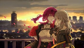 2girls arms_behind_back black_gloves black_jacket black_shorts blurry blurry_background blush bouquet breasts building butterfly_pin chain chinese_commentary city closed_mouth clothing_cutout cloud cloudy_sky collared_shirt commentary_request evening eyewear_on_head floating_hair flower gloves gold_chain gradient_sky grey_hair grey_sky hair_between_eyes hand_up high-waist_shorts highres holding holding_bouquet holding_flower honkai:_star_rail honkai_(series) jacket kafka_(honkai:_star_rail) long_hair long_sleeves looking_at_another low_ponytail medium_breasts multiple_girls open_clothes open_jacket outdoors peril petals pink_eyes ponytail purple_hair red_flower red_rose rose round_eyewear shirt shorts sidelocks sky skyscraper smile spider_web_print stelle_(honkai:_star_rail) sun sunglasses sunset t-shirt teeth trailblazer_(honkai:_star_rail) upper_body white_shirt xiang_cheng_(mona_0225_) yellow_eyes yellow_sky yuri