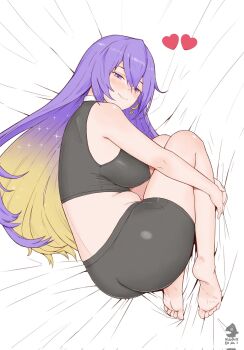 Rule 34 | 1girl, armpit crease, artist name, ass, bare legs, bare shoulders, barefoot, bed sheet, belly, black shorts, blonde hair, blush, breasts, closed mouth, corrupted twitter file, covered erect nipples, crop top, earrings, feet, from above, full body, gradient hair, hair between eyes, heart, highres, hololive, hololive indonesia, hugging own legs, impossible clothes, jewelry, knees up, kurodai711, large breasts, legs, long hair, looking at viewer, lying, midriff, moona hoshinova, multicolored hair, on side, purple eyes, purple hair, short shorts, shorts, sleeveless, smile, soles, solo, thighs, toes, variant set, very long hair, virtual youtuber