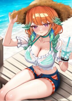 1girl aqua_bikini aqua_choker bikini blush braid breasts choker cleavage cup denim denim_shorts earrings feather_earrings feathers hashtag-only_commentary hat highres holding holding_cup hololive hololive_english jewelry large_breasts long_hair looking_at_viewer mafukkoin official_alternate_costume open_clothes open_fly open_shorts orange_hair purple_eyes see-through_clothes see-through_shirt shirt short_shorts shorts smile solo sparkling_eyes straw_hat sweat swimsuit takanashi_kiara takanashi_kiara_(casual) twin_braids virtual_youtuber white_shirt