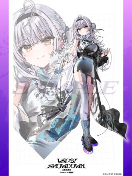 Rule 34 | 1girl, black hairband, blue gloves, breasts, closed mouth, commentary request, covered navel, detached sleeves, fingerless gloves, floating hair, full body, ginjo saine, gloves, gradient boots, grey hair, grey thighhighs, hairband, highres, long hair, long sleeves, looking at viewer, mole, mole under eye, official art, sample watermark, second-party source, see-through clothes, see-through sleeves, single glove, single thighhigh, skirt, smile, solo, thighhighs, virtual youtuber, vspo!, wata (attaka towel), watermark, yellow eyes, zoom layer