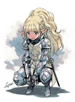1girl armor belt blonde_hair blunt_bangs bracer bridal_gauntlets chainmail commentary commentary_request couter earrings elf elmon_(wizardry) gauntlets green_eyes high_ponytail jewelry muramasa_mikado pauldrons plate_armor pointy_ears ponytail rapier shoulder_armor signature solo squatting sword tabard vambraces weapon white_background wizardry wizardry_variants_daphne