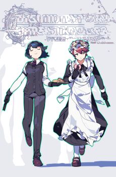 Rule 34 | 1boy, 1girl, alternate costume, apron, black dress, black pants, butler, closed eyes, copyright logo, crossdressing, crossdressing (ftm), crossdressing (mtf), digimon, digimon story: time stranger, donut, dress, eating, enmaided, female butler, food, frilled apron, frills, goggles, goggles on head, gun, heijibenji, highres, logo, looking to the side, maid, maid apron, maid headdress, male maid, pants, pantyhose, shirt, simple background, weapon, white pantyhose, white shirt, yuuki dan, yuuki kanan