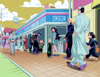 3girls 6+boys arnold_(jojo) baby chef chef_hat commentary_request diamond_wa_kudakenai dog earrings flat_top_chef_hat green_hair hairband hat hazamada_toshikazu hazekura_mikitaka higashikata_josuke hirose_koichi jewelry jojo_no_kimyou_na_bouken joseph_joestar joseph_joestar_(old) kira_yoshikage kishibe_rohan kuujou_joutarou long_hair multiple_boys multiple_girls nijimura_okuyasu oniyama831 pink_hair pompadour school_uniform shizuka_joestar short_hair sugimoto_reimi tsuji_aya yamagishi_yukako yangu_shigekiyo