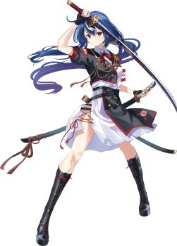 1girl absurdres armband black_boots blue_hair boots commentary_request dual_wielding highres holding holding_sword holding_weapon katana knee_boots lace-up_boots lily0428 long_hair looking_at_viewer multicolored_hair original red_eyes scabbard serious sheath sheathed short_sleeves simple_background solo streaked_hair sword transparent_background weapon