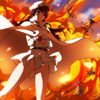 1boy 4girls bambietta_basterbine black_hair bleach bleach:_sennen_kessen-hen candice_catnipp commentary crossdressing crossdressing_(mtf) crossed_arms explosion flare floating_hair giselle_gewelle green_hair grin hat heart_belt highres liltotto_lamperd long_hair m_o_(prftz) meninas_mcallon military_hat military_uniform multiple_girls panties pink_hair quincy_(bleach) short_hair smile underwear wandenreich_uniform white_hat white_panties