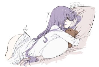 1girl breast_press breasts closed_eyes closed_mouth clothes_lift commentary cowboy_shot cursor dress dress_lift eurasia_(wtp09ptw14) francoise_(eurasia) from_side huge_breasts hugging_object lifted_by_cursor long_hair lying nightgown on_stomach original pillow pillow_hug profile purple_hair simple_background sleeping solo stuffed_animal stuffed_toy teddy_bear white_background white_dress white_nightgown zzz