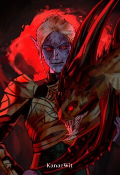 Rule 34 | 1girl, armor, artist name, baldur's gate, baldur's gate 3, blonde hair, blood, blood on face, breastplate, dark elf, dungeons & dragons, dungeons &amp; dragons, elf, glowing, glowing eyes, hand on own hip, highres, horns, kanaewit, looking at viewer, minthara, monster, pauldrons, pointy ears, red background, red eyes, sharp teeth, short hair, shoulder armor, slayer (baldur's gate), teeth, upper body