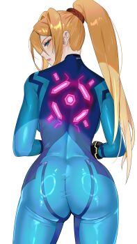 Rule 34 | 1girl, ass, backboob, blonde hair, blue bodysuit, blue eyes, bodysuit, breasts, cowboy shot, from behind, high ponytail, highres, long hair, looking back, metroid, mole, mole under mouth, nintendo, parted lips, ponytail, samus aran, simple background, skin tight, solo, very long hair, white background, yasaikakiage, zero suit