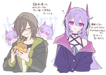 2girls :d :o bare_shoulders black-framed_eyewear black_jacket brown_hair burger chibi closed_eyes closed_mouth commentary_request cropped_torso dress food glasses hair_between_eyes hair_ornament headgear hijiri_(resetter) holding holding_food hood hood_down hooded_jacket jacket long_hair long_sleeves multiple_girls nao_(hijiri) nayuta_(hijiri) open_clothes open_jacket open_mouth original parted_lips puffy_long_sleeves puffy_sleeves purple_eyes purple_hair semi-rimless_eyewear shirt simple_background small_sweatdrop smile star_(symbol) star_hair_ornament sweat translation_request under-rim_eyewear upper_body very_long_hair white_background white_dress white_shirt