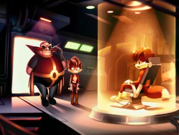 Rule 34 | 1boy, 2girls, ancesra, animal nose, arm behind back, artist name, bald, black eyes, black footwear, black gloves, blank eyes, blue eyes, body fur, bodysuit, boots, bow, brown hair, cable, chair, commission, door, dr. eggman, evil grin, evil smile, eye contact, facial hair, fat, fat man, fiona fox, flat chest, fox girl, fox tail, full body, gloves, glowing, glowing eyes, grin, hair bow, hand up, happy, highres, humanoid robot, indoors, looking at another, multiple girls, mustache, on chair, open mouth, red bodysuit, red fur, restrained, robot, science fiction, short hair, short sleeves, sitting, smile, sonic (series), sonic the hedgehog (archie comics), stairs, standing, stasis tank, stationary restraints, tail, teeth, twirling mustache, two-tone fur, watermark, white fur, white gloves, yellow boots, yellow bow
