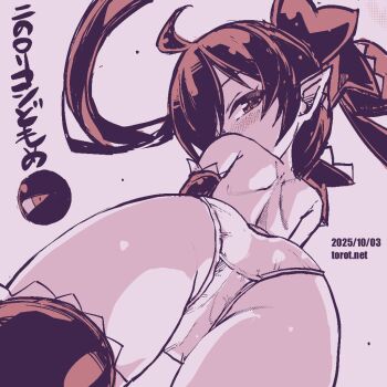 1girl ahoge ass ass_focus backbeako_(torotei) backbeard blush commentary cowboy_shot dated dated_commentary elbow_gloves from_behind from_below gegege_no_kitarou gloves hair_over_one_eye hair_ribbon kono_lolicon_domome long_hair looking_at_viewer looking_back monochrome original paid_reward_available panties pear-shaped_figure pink_background pink_theme pointy_ears ribbon simple_background solo thighhighs topless_female torotei translated twintails underwear underwear_only watermark web_address wide_hips