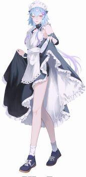 1boy apron arknights blue_hair clothes_lift crossdressing crossdressing_(mtf) dress dress_lift frilled_dress frills full_body gradient_hair highres long_hair looking_at_viewer maid maid_apron maid_headdress mizuki_(arknights) multicolored_hair nate71762013 purple_hair socks solo trap very_long_hair walking white_background white_socks