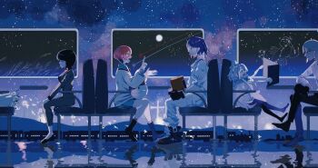 2boys 3girls amate_yuzuriha aqua_eyes aqua_shirt aqua_skirt black_hair blonde_hair blue_eyes blue_hair blush_stickers bob_cut breasts closed_mouth collared_shirt colored_inner_hair conch_(gundam) deux_murasame freckles gates_capa ginga_tetsudou_no_yoru gloves gundam gundam_gquuuuuux hair_bun haro hat highres holding holding_menu jacket kumo_(sharonyann86798) large_breasts long_hair long_sleeves menu multicolored_hair multiple_boys multiple_girls necktie night non-humanoid_robot open_mouth purple_hair red_eyes red_hair robot scarf school_uniform shiiko_sugai shirt short_hair shuji_ito skirt sky smile star_(sky) starry_sky sweater train train_interior two-tone_hair white_hair white_shirt