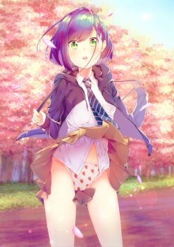 1girl black_jacket blue_hair blue_necktie blurry bokeh brown_skirt cherry_blossoms cherry_tree commentary cowboy_shot darling_in_the_franxx depth_of_field dress_shirt food_print frilled_panties frills fruit_print grass green_eyes hair_ornament hair_strand hairclip highres hood hooded_jacket ichigo_(darling_in_the_franxx) jacket looking_at_viewer midriff midriff_peek miniskirt necktie open_clothes open_jacket open_mouth panties path pleated_skirt print_panties road shirt short_hair skirt sky solo standing strawberry_panties strawberry_print striped_necktie striped_neckwear suzu_(tonami0726) underwear white_shirt wind wind_lift