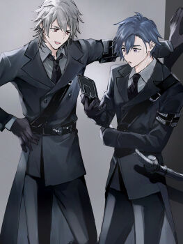 Rule 34 | 2boys, armband, black coat, black gloves, black hair, black necktie, coat, crow armbrust, eiyuu densetsu, gloves, grey hair, hair between eyes, hand on own hip, highres, katana, military uniform, mullet, multiple boys, necktie, open mouth, parted bangs, pearscoke, purple eyes, rean schwarzer, red eyes, sen no kiseki (series), smile, sword, weapon