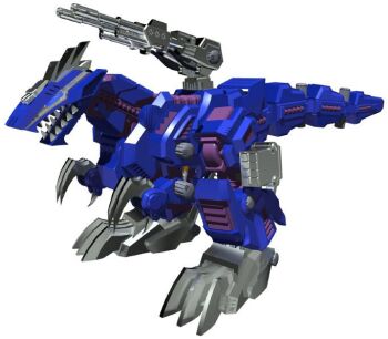 3d bad_id blue_eyes claws dinosaur fangs full_body genosaurer gun jpeg_artifacts mecha no_humans open_mouth robot sharp_teeth simple_background solo standing tail teeth toy weapon white_background zoids