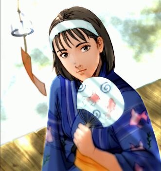 1girl blue_kimono brown_hair hairband hand_fan head_tilt holding holding_fan japanese_clothes kawano_takuji kazama_jun kimono lips looking_at_viewer mature_female namco obi official_art outdoors sash short_hair solo tekken textless_version