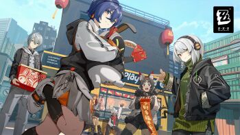 2boys 4girls anby_demara animal_ears arm_up bangboo_(zenless_zone_zero) belle_(zenless_zone_zero) billy_kid black_hair black_shorts blue_hair breasts brother_and_sister building cable cable_tail cat_ears cat_girl cat_tail chinese_new_year city cloud commentary copyright_logo crossed_bangs dark-skinned_female dark_skin day english_commentary eous_(zenless_zone_zero) fang green_sweater grey_hair hair_between_eyes headphones highres holding hood hood_down jacket lantern leg_up logo long_hair long_sleeves looking_at_viewer mask mechanical_tail multiple_boys multiple_girls multiple_tails nekomiya_mana nicole_demara official_art open_mouth outdoors pants pink_hair ribbed_sweater shop short_hair shorts siblings skirt sky sweater tail thigh_strap turtleneck turtleneck_sweater w wise_(zenless_zone_zero) zenless_zone_zero