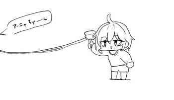 1girl :&gt; ahoge anastasia_(idolmaster) barefoot chibi greyscale hair_between_eyes holding idolmaster idolmaster_cinderella_girls kawamochi_(kawauti919) long_sleeves monochrome parted_lips shirt shorts simple_background solo standing translation_request triangle_mouth white_background