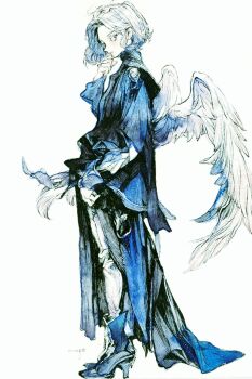 1boy 7na5go ankle_boots black_shirt blue_theme boots curtained_hair feathered_wings forehead from_side full_body lineart medium_hair monochrome original pants shirt solo traditional_media white_pants wings