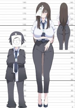 1boy 1girl black_pants blue_archive blue_necktie breasts commentary_request doodle_sensei_(blue_archive) height_chart highres large_breasts long_hair necktie nui_(nuinui0300) pants sensei_(blue_archive) shirt tall_female very_long_hair