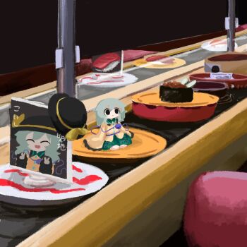 Rule 34 | 1girl, aqua hair, black eyes, black hat, commentary request, conveyor belt sushi, food, green skirt, hat, hat ribbon, heripantomorrow, indoors, komeiji koishi, long sleeves, mini person, minigirl, on plate, ribbon, shirt, sitting, skirt, sleeves past fingers, sleeves past wrists, solo, sushi, tareme, touhou, unworn hat, unworn headwear, wide sleeves, yellow shirt