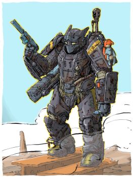 1boy anti-materiel_rifle armor blue_sky energy_cannon fallout fallout_76 full_armor full_body glass_bottle gun handgun highres holding holding_gun holding_weapon original power_armor rifle sky sniper_rifle solo suppressor weapon weapon_on_back yabarn
