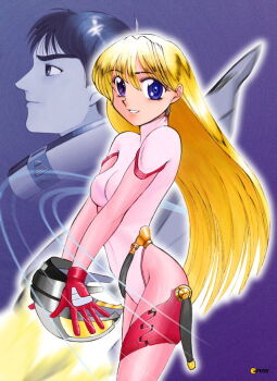 1boy 1girl artist_name bad_id blonde_hair blue_eyes bodysuit breasts closed_mouth cowboy_shot cpunit dated gloves helmet holding holding_unworn_helmet long_hair looking_at_viewer medium_breasts original parted_lips pink_bodysuit projected_inset red_gloves smile space_helmet spacecraft spacesuit standing unworn_headwear unworn_helmet very_long_hair