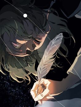 Rule 34 | 1boy, badeni, black tabard, blonde hair, chi.: chikyuu no undou ni tsuite, commentary request, eyepatch, flower, grey eyes, highres, holding, holding quill, male focus, medium hair, non kibou, open mouth, orbital path, quill, rose, scar, scar on face, scar on mouth, scar on nose, sky, solo, star (sky), starry sky, tabard, upper body, white flower, white rose, writing