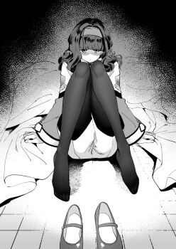 1girl :| arm_support closed_mouth commentary_request gunparade_march hair_intakes hairband ishizu_moe mary_janes monochrome no_shoes pantyhose pantyhose_under_shorts shaded_face shoes shorts sitting unworn_shoes wavy_hair yukataro