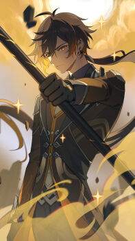 1boy absurdres antenna_hair black_gloves black_jacket brown_hair closed_mouth commentary_request cowboy_shot earrings expressionless floating_hair genshin_impact gloves hair_between_eyes highres holding holding_polearm holding_weapon jacket jewelry long_hair long_sleeves looking_at_viewer male_focus mc-sm polearm ponytail single_earring solo very_long_hair weapon yellow_eyes zhongli_(genshin_impact)
