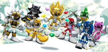 1girl 6+boys absurdres amy_rose black_bodysuit blue_bodysuit bodysuit caliburn_(sonic) chaos_emerald clenched_hands crossover dragon_ranger dutch_angle electricity furry furry_female furry_male gloves helmet highres holding holding_sword holding_weapon incredibly_absurdres jet_the_hawk kiba_ranger knuckles_the_echidna looking_at_viewer mammoth_ranger mighty_morphin_black_ranger mighty_morphin_blue_ranger mighty_morphin_green_ranger mighty_morphin_pink_ranger mighty_morphin_power_rangers mighty_morphin_red_ranger mighty_morphin_white_ranger mighty_morphin_yellow_ranger mistajonz multiple_boys multiple_tails pink_bodysuit power_rangers ptera_ranger red_bodysuit shadow_the_hedgehog silver_the_hedgehog sonic_(series) sonic_the_hedgehog standing super_sonic sword tail tails_(sonic) tiger_ranger tricera_ranger two_tails tyranno_ranger weapon white_bodysuit white_gloves
