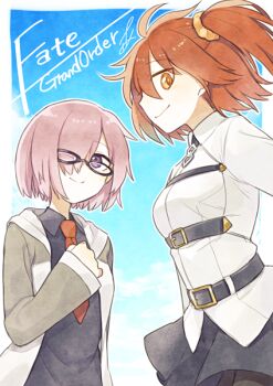 2girls ark_kan black-framed_eyewear black_shirt black_skirt breasts chaldea_master_uniform cloud collared_shirt commentary copyright_name day fate/grand_order fate_(series) fujimaru_ritsuka_(female) glasses hair_between_eyes hair_ornament hair_over_one_eye hair_scrunchie jacket long_sleeves looking_at_viewer mash_kyrielight medium_breasts multiple_girls necktie open_clothes open_jacket orange_eyes orange_hair outdoors pantyhose pink_hair purple_eyes red_necktie scrunchie shirt short_hair skirt sky smile