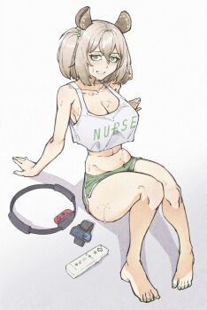 1girl animal_ears armpits barefoot breasts brown_hair cleavage collarbone commentary controller crop_top dolphin_shorts english_commentary exercising game_controller green_eyes hair_between_eyes highres igalimax indie_virtual_youtuber large_breasts leaning_back looking_at_viewer medium_hair nail_polish nimi_nightmare no_bra nurse on_floor one_side_up ring-con ring_fit_adventure shorts side_ponytail simple_background sitting sleeveless smile solo sportswear stomach sweat tapir_ears tapir_girl toenails virtual_youtuber white_background wii_remote