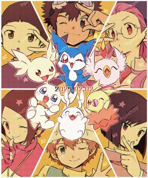 Rule 34 | 2girls, 4boys, black hair, blonde hair, blue eyes, brown hair, chibimon, dated, digimon, digimon (creature), digimon adventure 02, fangs, feathers, gdn0522, glasses, goggles, goggles on head, green shirt, group picture, hat, head wings, hida iori, ichijouji ken, inoue miyako, leafmon, minomon, motomiya daisuke, multiple boys, multiple girls, one eye closed, pink feathers, pink shirt, plotmon, poromon, purple hair, shirt, short hair, takaishi takeru, tokomon, twitter username, upamon, white hat, wings, yagami hikari