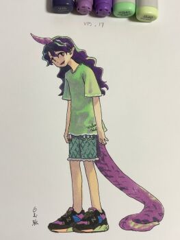 Rule 34 | 1girl, black footwear, full body, green shirt, green shorts, hair between eyes, highres, horns, long hair, open mouth, pointy ears, purple hair, purple horns, red eyes, shiratama (hockey), shirt, shoes, shorts, single horn, smile, sneakers, solo, tail, tenkajin chiyari, touhou, traditional media, wavy hair