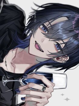 Rule 34 | 1girl, blue eyes, blue hair, blue nails, character name, cup, drinking glass, ear piercing, earclip, earrings, ee voo2, fingernails, grey background, hand up, hiodoshi ao, holding, holding cup, hololive, hololive dev is, jewelry, looking at viewer, mole, mole under mouth, nail polish, necklace, piercing, ring, simple background, solo, stud earrings, teeth, tongue, tongue out, upper teeth only, virtual youtuber, wine glass, wolf cut