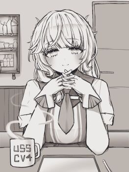 Rule 34 | 1girl, blush, closed mouth, commentary request, cup, desk, dress, elbow rest, eyelashes, greyscale, highres, indoors, interlocked fingers, kantai collection, looking at viewer, monochrome, mug, nagi kantai114, necktie, ranger (kancolle), short necktie, short sleeves, solo, steam, upper body