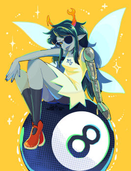 1girl 8-ball bike_shorts black_shorts black_socks blue_lips colored_sclera colored_skin colored_tongue dress fairy_wings flats grey-framed_eyewear grey_skin hands_on_own_knees highres homestuck horns kl_oekaki kneehighs long_hair looking_at_viewer mechanical_arms nail_polish one_eye_covered pointy_ears prosthesis prosthetic_arm reclining red_shoes scorpio_(symbol) shoes short_dress shorts shorts_under_dress single_mechanical_arm sitting sitting_on_object socks solo spaghetti_strap sparkle tongue tongue_out troll_(homestuck) vriska_serket white_dress wings yellow_background yellow_sclera