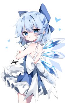 1girl absurdres alternate_costume apron back_bow blue_bow blue_dress blue_eyes blue_hair bow chinese_commentary cirno closed_mouth commentary_request crossed_arms detached_wings dress hair_bow heart highres ice ice_wings looking_at_viewer medium_hair nya_(pixiv_100585577) signature simple_background smile solo touhou waist_apron white_apron white_background white_bow wings
